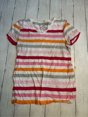 Faded Glory Multicolor Striped V-Neck Tee in Pink, Red, Orange & Cream